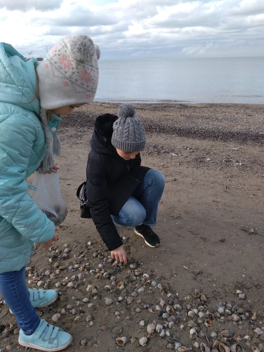 Центральный пляж. Собираем ракушки. В Январе после шторма их на берегу очень много выбрасывает море. Насобирали маленько.)