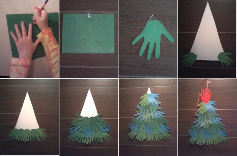 Аппликация елочки из бумажных детских ладошек
