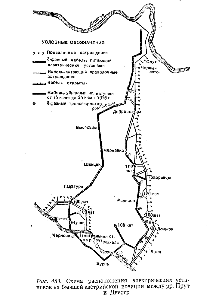 Схема электрифицированных проволочных заграждений на участке австрийской армии.