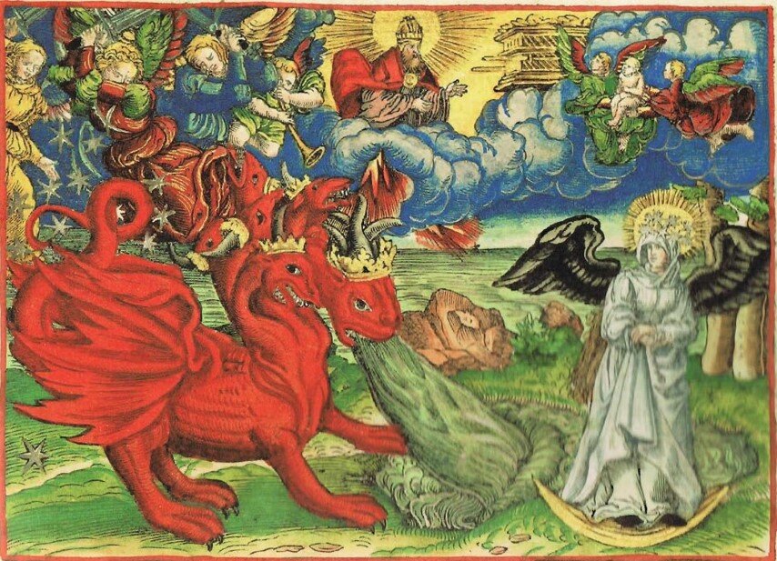 Жена, облеченная в солнце и большой красный дракон. Лютеранская Библия. Изображение взято в открытых источниках.