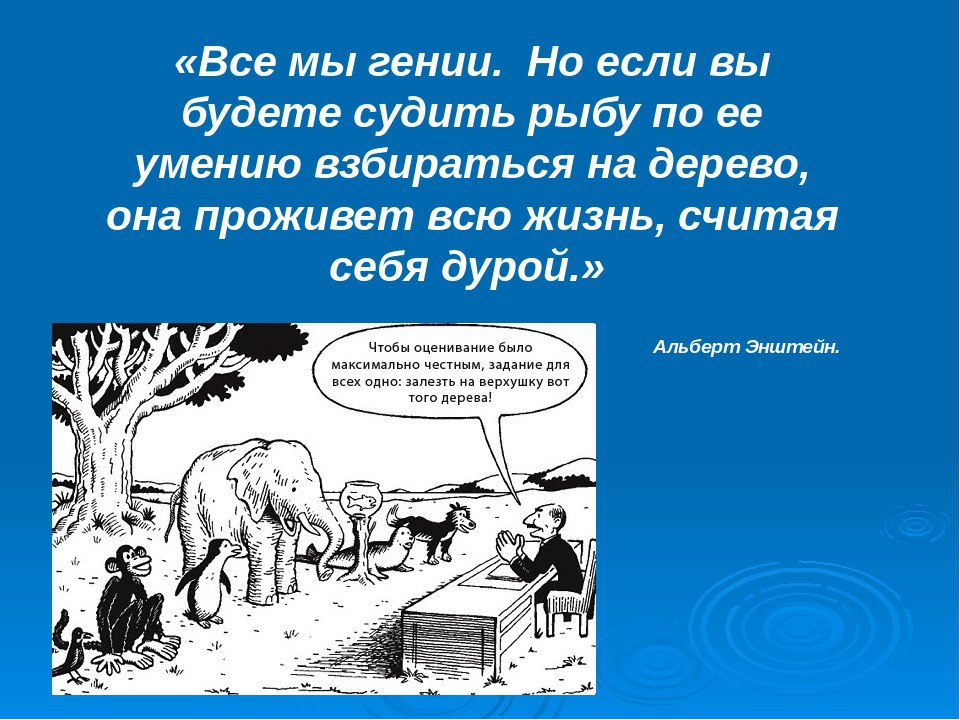 Будете сравнивать. Задача залезть на дерево. Одинаковое задание для всех залезть на дерево. Судить рыбу по ее способности лазить по деревьям. Образование залезть на дерево