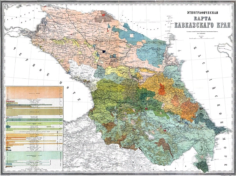 Этнографическая карта Кавказского края 1880 года. Как можно отчетливо заметить, даже несмотря на политику армянизации Кавказа Россией, этническое превосходство в регионе все равно было на стороне азербайджанцев — армяне 721,241 против адербейджанских татар (азербайджанцев) 975,788.
