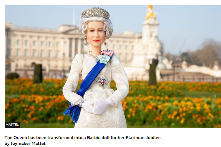 Британская радиовещательная корпорация сообщает (скриншот из новости), что компания Mattel (производящая игрушки) выпустила в день рождения Елизаветы II (21 апреля) куклу Барби, внешне похожую на именинницу