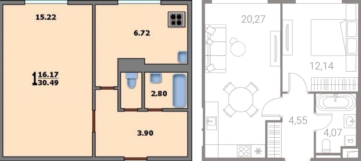 Слева: планировка однокомнатной квартиры в хрущевке; справа: планировка евродвушки в новостройке.