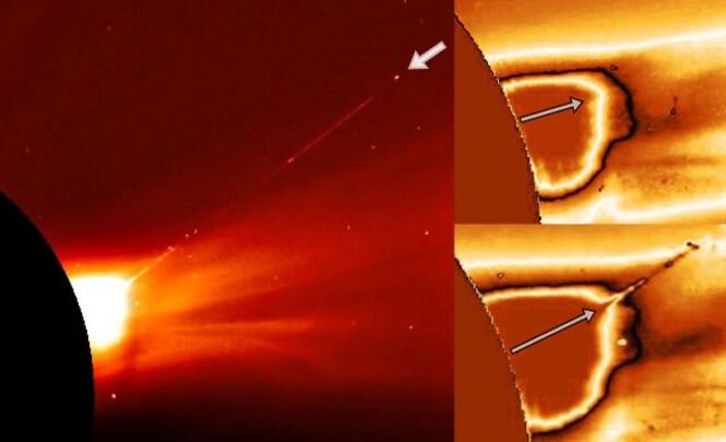 Огромный инопланетный корабль покидает Солнце и оставляет за собой тянущийся след