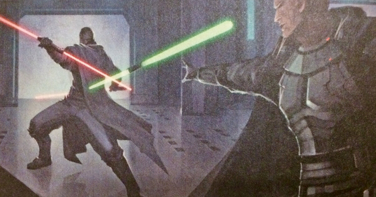 Заблокировав лезвие, можно превратить световой меч в копьё.