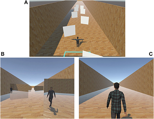 Визуальные сцены. (A) Вид сверху виртуальной среды в первом эксперименте. Во втором эксперименте зеркала были исключены. (B) Пример сцены в первом эксперименте. (C) Пример сцены в втором эксперименте.