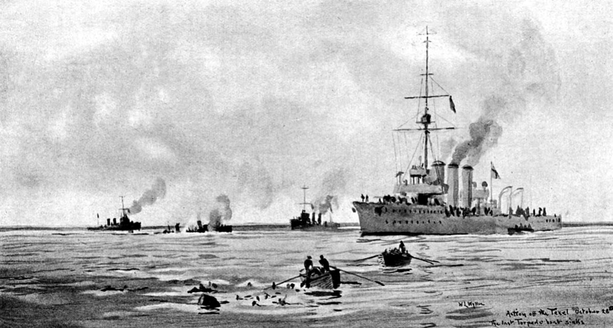 Бой у Текселя 17 октября 1914 г.: последний немецкий миноносец пошел на дно. Рисунок Лайонелла Уилли