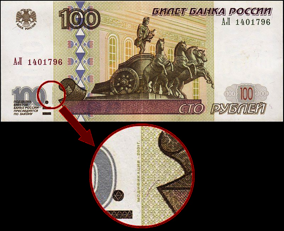 Обозначения на купюре 100 рублей