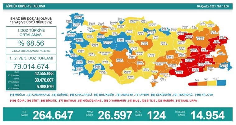 Статистика по Турции от 10 августа 2021 года. Напомню, что цвета на карте - не уровень заражения, а уровень вакцинации! Заболевших - 26 597 в день