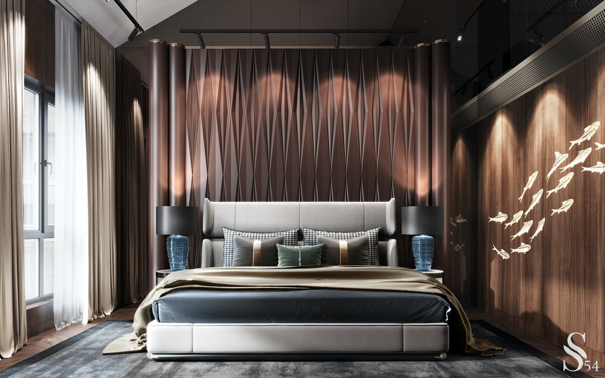 Мастер-спальня на верхнем этаже апартаментов. Диван – Minotti, кресло – Longhi, столики – Cantori, кровать – Visionnaire Home