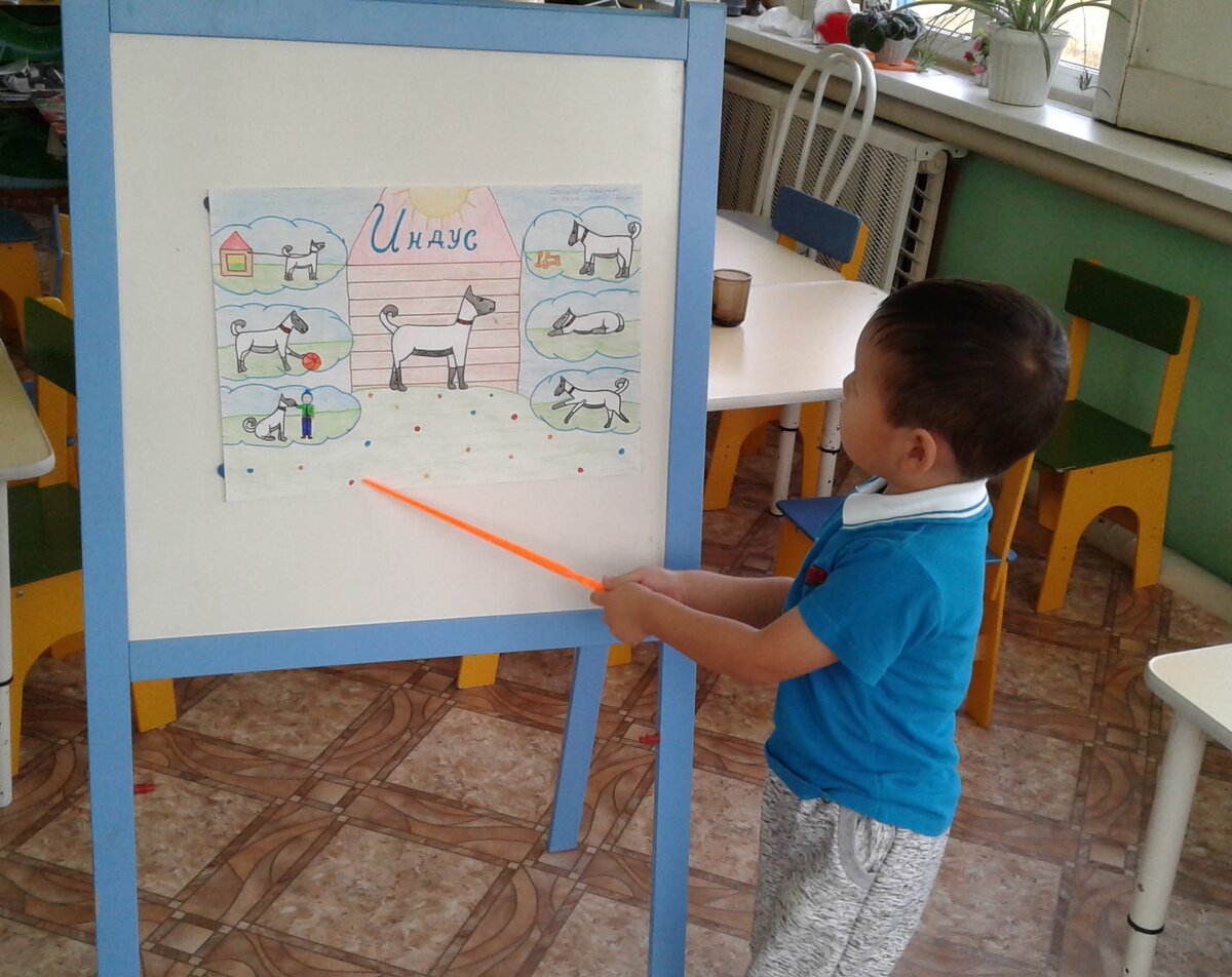 мальчик рассказывает о своем домашнем питомце, используя мнемотаблицу Фото автора.