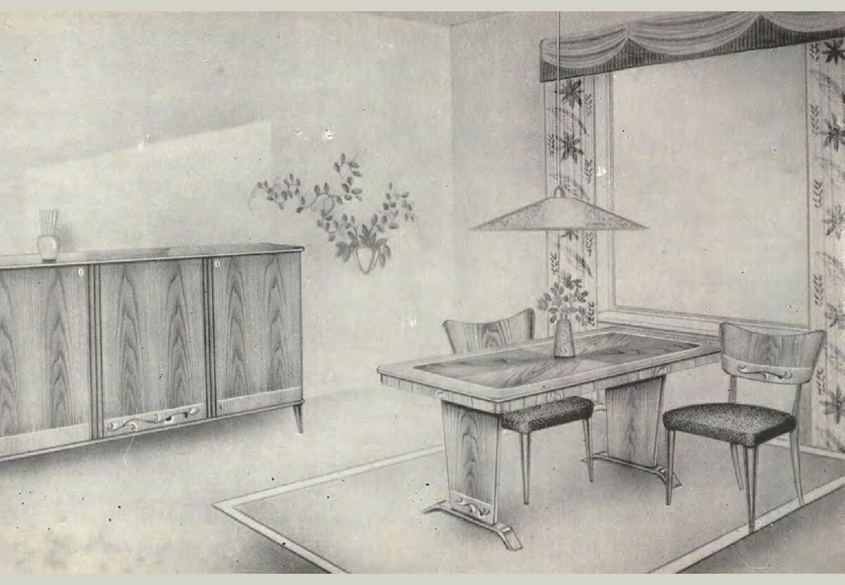 В каталоге 1951 года мебель выходит уже на первый план, и мы видим в журнале то, чем впоследствии IKEA будет выигрышно отличаться от конкурентов: компания не только продает мебель, но и предлагает варианты ее расстановки в помещении, причем в сочетании с другими предметами декора и интерьера.