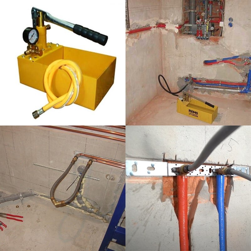  ​

После окончания работ по монтажу водопровода следует обязательный шаг — опрессовка. Он необходим для того, чтобы проверить водопровод на давлении, превышающем рабочее. В СНИП указано значение в полтора раза превышающие рабочее. Но на практике водопровод в квартире испытывают на давление в 10 атмосфер.

Если вы выполняли монтаж водопровода самостоятельно, то и проверить его качество можно самому. Для этого понадобится опрессовщик — насос с манометром. Простые модели можно приобрести примерно за 3000 рублей. А значит, это по силам домашним мастерам.

Для опрессовки необходимо заполнить водой всю систему и заглушить все водорозетки. Для этого удобно использовать вместо обычных заглушек краны Маевского. Также советуем сразу поставить перемычку между горячей и холодной водой, это позволит разом проверить обе ветки. Опрессовщик подключается к водорозетке и заполняется водой. После этого можно перекрывать отсечные краны.

После того, как система готова к проверке, с помощью опрессовщика накачивается сначала рабочее давление. Если давление удерживается, то можно накачать 10 атмосфер. Далее в течение 10 минут проверяются все стыки на предмет течи. Это удобно делать даже голой сухой рукой — любые капли сразу будут оставлять мокрые следы. Если вы не заметите подтеканий и давление в системе за 10 минут не упадет, то испытание успешно.

Важно! В момент испытания к водопроводной системе не должно быть подключено ни смесителей, ни водонагревателей. Опрессовка испытывает только сам водопровод.