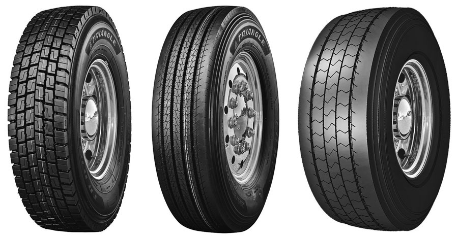 Шины Triangle TRD06 (слева) установлены на ведущую ось тягача, TRS02 (в центре) – на рулевую, TRT02 (справа) – на осевые агрегаты прицепа