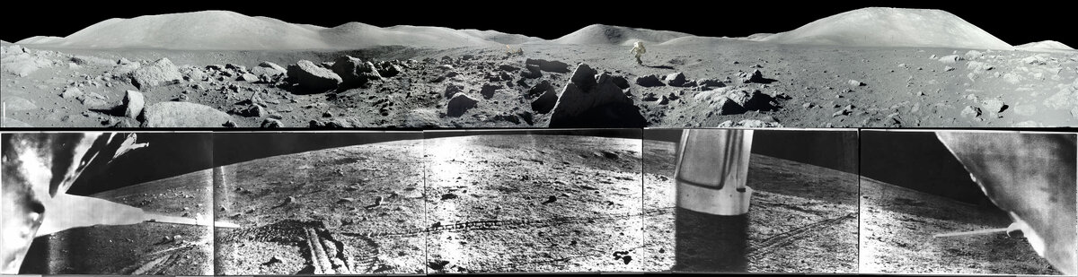 Верхняя стилизованная панорама с сайта НАСА https://www.nasa.gov/feature/nasa-releases-stunning-panoramas-of-apollo-landing-sites-for-50th-anniversary нижняя панорама из снимков Луноход 1 http://galspace.spb.ru/index142.file/BIG/24.jpg