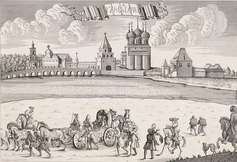 Алексей Фёдорович Зубов. Измайлово. Отъезд императора Петра II на соколиную охоту. Гравюра. 1727-1730 годы.