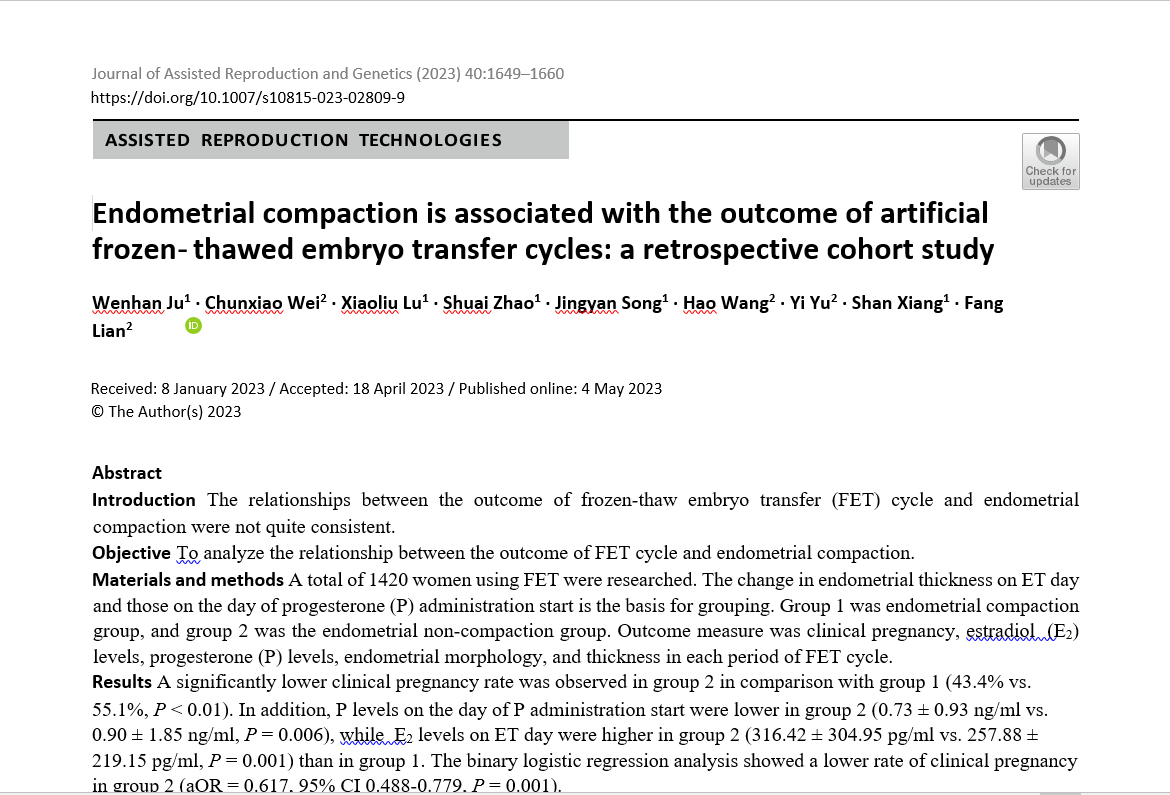 Jornal of Assisted Reproduction and Genetics(2023)/ Published online: 4 May 2023