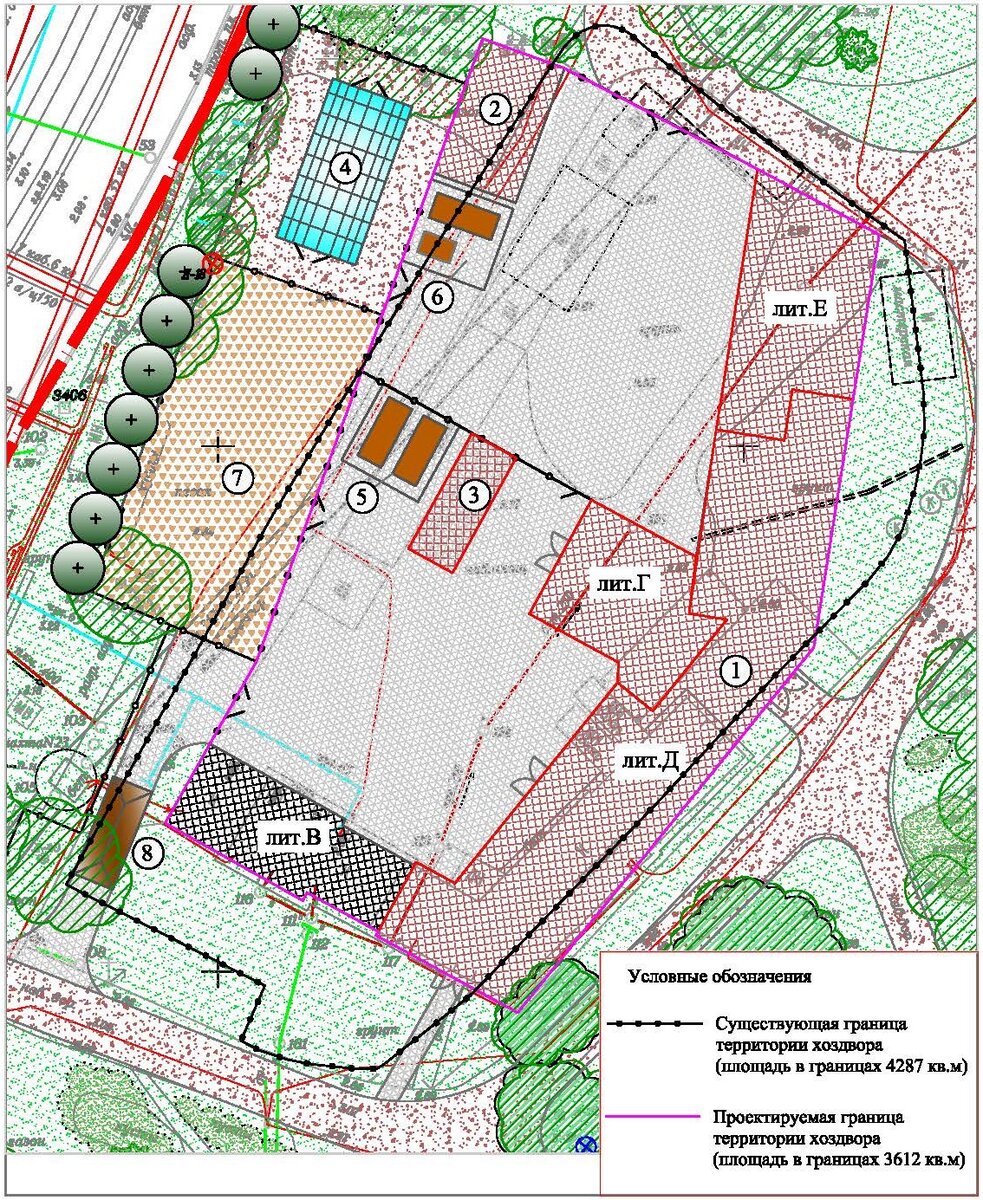 1- Здание конюшни (лит. В - существующий корпус, лит. Г - бытовой корпус, лит. Д - конюшня, лит. Е - гаражи), 2- Гаражи, 3- Сенник, 4- Теплица, 5- Контейнерная площадка (навозник), 6- Контейнерная площадка (ТБО), 7- Площадка для выгула лошадей, 8 - дезбарьер.