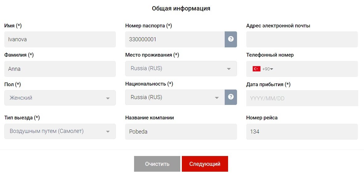 Образец заполнения анкеты в самолете в турцию