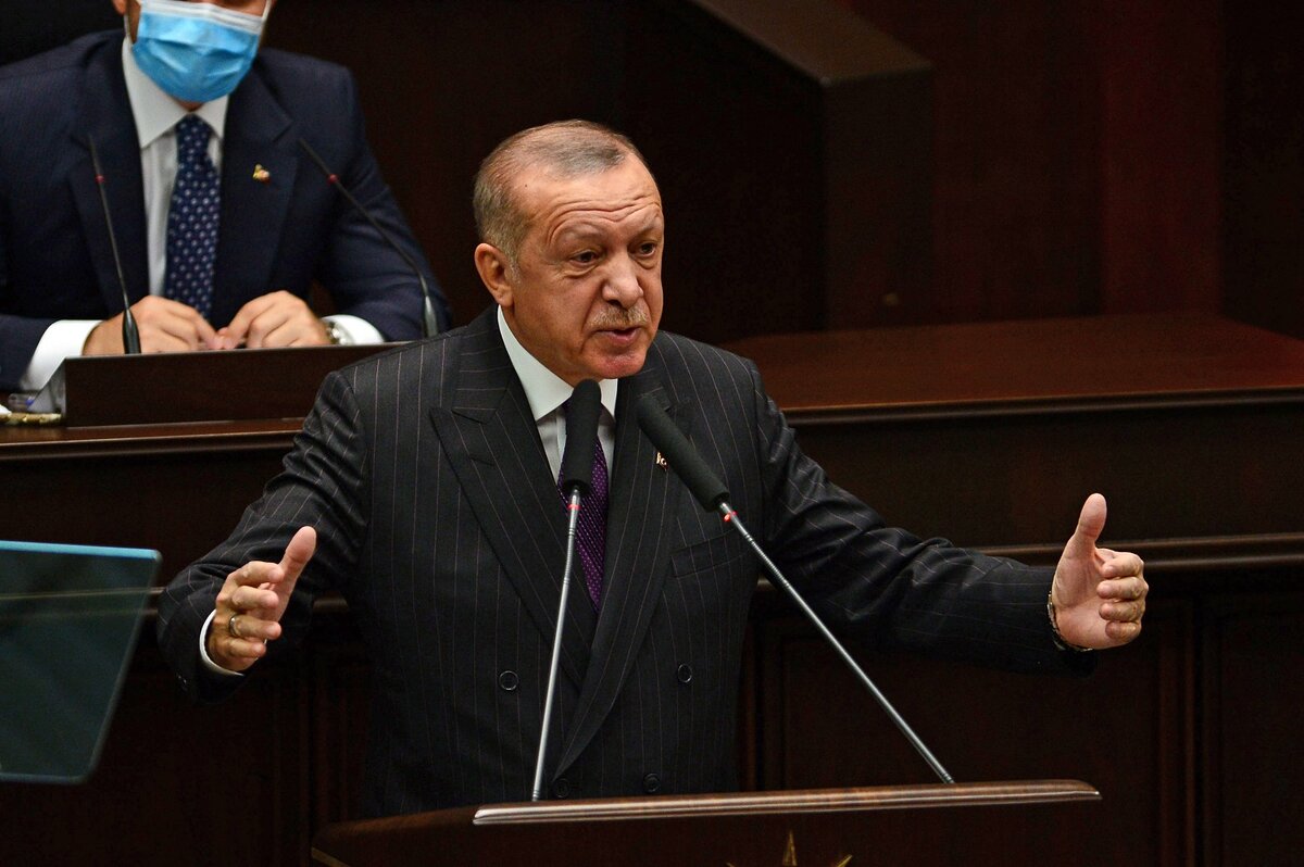    October 14, 2020, Ankara, Turkey: President of Turkey and Leader of the Justice and Development Party (AKP), RECEP TAYYIP ERDOGAN, addresses his lawmakers at the parliament in Ankara. (Credit Image: Global Look Press/Keystone Press Agency) pipiya