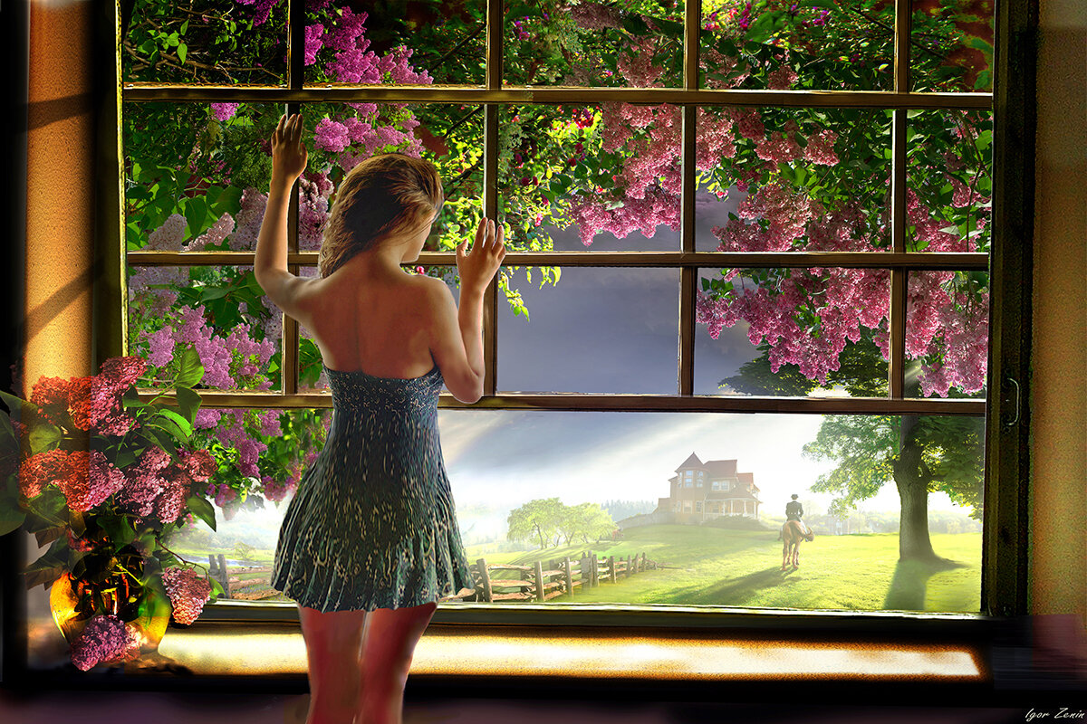 И снова стучит в окно. Весеннее окно. Женщина у открытого окна живопись.