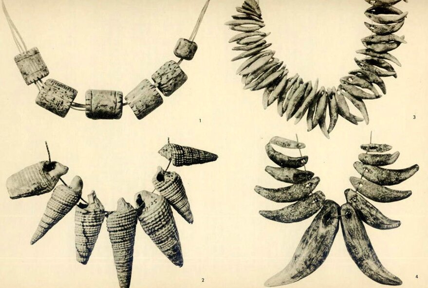 Использовалось все: кости, шишки, камни, ракушки, кожа.