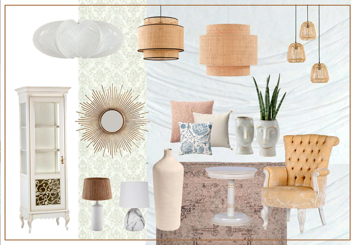 Коллаж классика с люстрой из ротанга