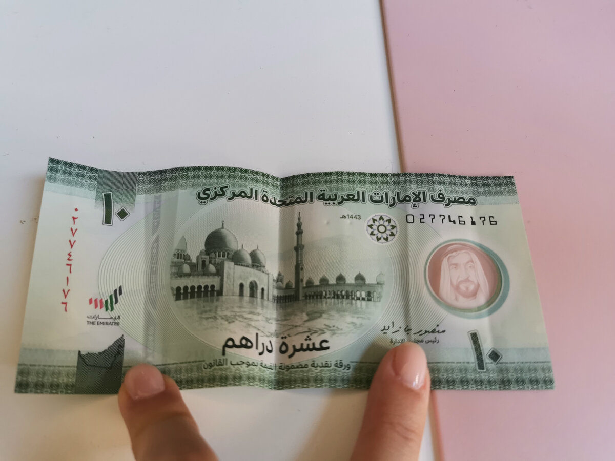 Новые дирхамы, по текстуре похожи на новые баты, при стирке не потеряют вид. Пластиковые деньги и прозрачный портрет шейха