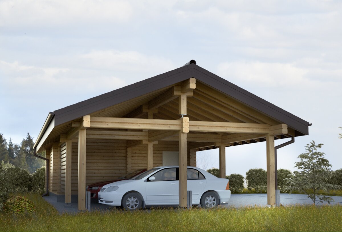 Проект деревянного гаража с навесом A-49 от "Экохоум" 
