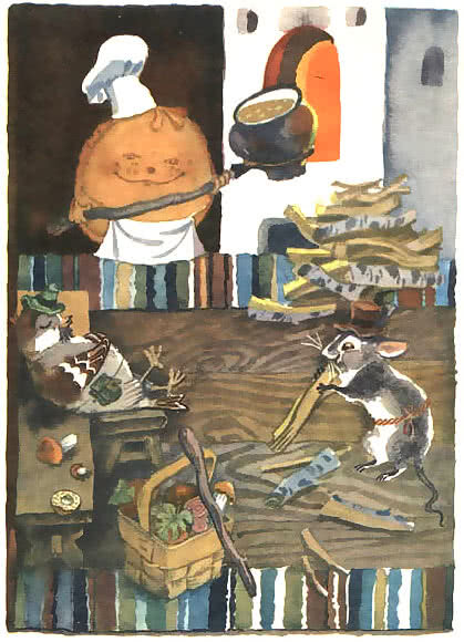 
Воробей с поля прилетел, мышонок от кота удрал, блин со сковороды убежал.
Жили они, поживали, друг друга не обижали. Каждый свою работу делал, другому помогал. Воробей еду приносил — с полей зёрен, из лесу грибов, с огорода бобов. Мышонок дрова рубил, а блин щи да кашу варил.
Хорошо жили. Бывало, воробей с охоты воротится, ключевой водой умоется, сядет на лавку отдыхать. А мышь дрова таскает, на стол накрывает, ложки крашеные считает. А блин у печи — румян да пышен — щи варит, крупной солью солит, кашу пробует.