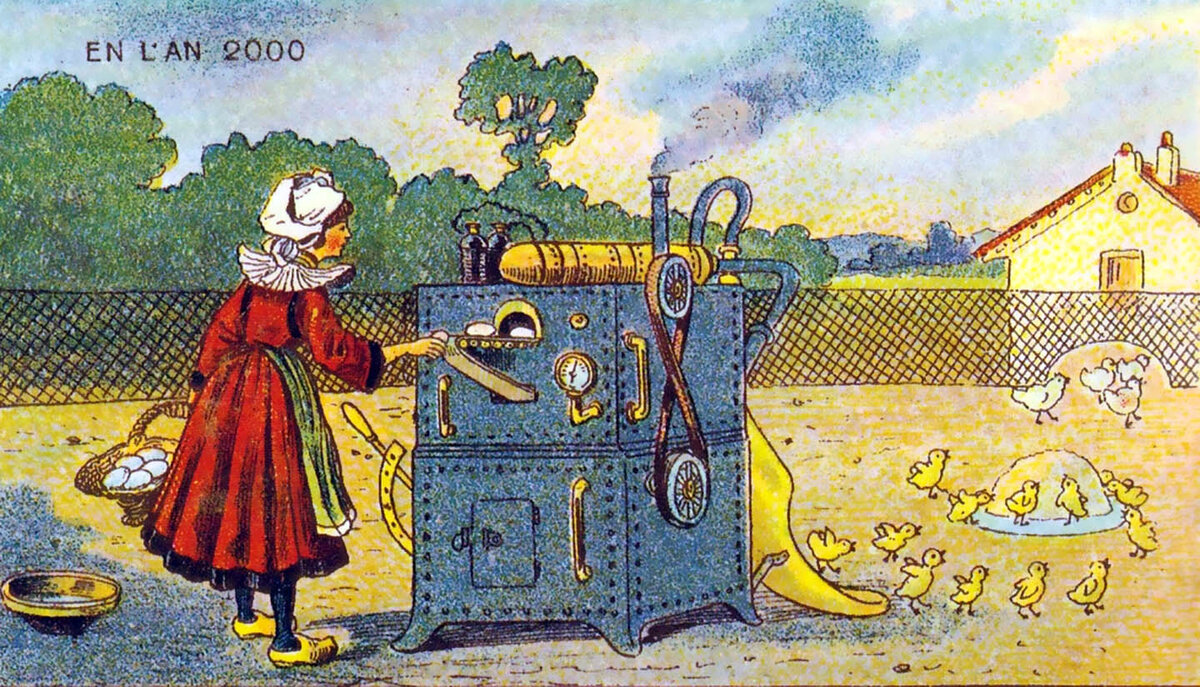 Самый быстрый инкубатор: машина по превращению яиц в цыплят.
Рисунок: Жан-Марк Коте (1899).