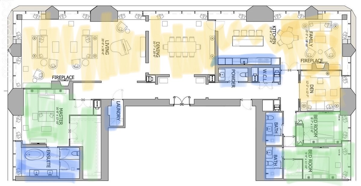 Синим цветом выделены помещения с подачей воды.Зеленым - спальни. Желтым - помещения общего пользования.Это не мой проект, но он наглядно иллюстрирует концепцию комфортного дома