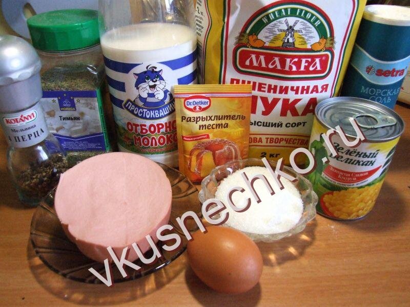 Лепешки с кукурузой и колбасой, ингредиенты для приготовления.