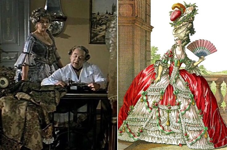 Кадр из фильма «Тот самый Мюнхгаузен» (1979). Скриншот. Источник - YouTube и парадное платье конца 1770-х гг. Источник - https://www.pinterest.ru/