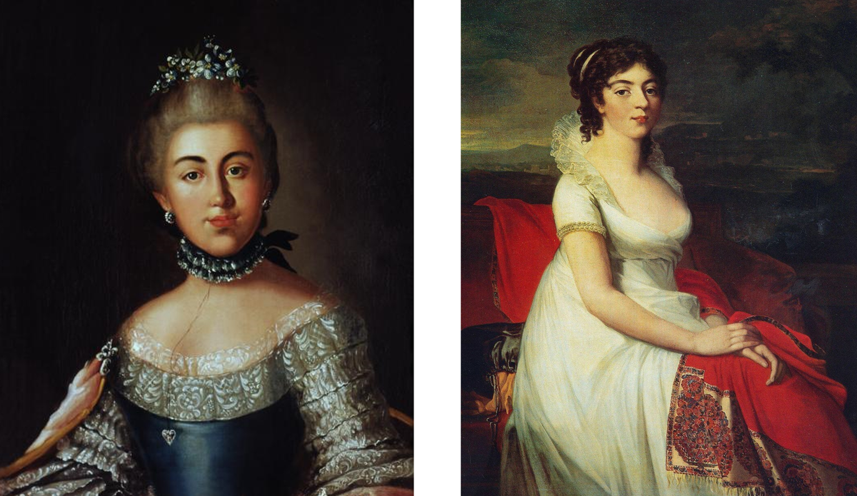 1. Варвара Александровна Шаховская, урожденная Строганова (бабушка Варвары-младшей). Худ. неизвестен. 1760-е гг. 2. Елизавета Борисовна Шаховская (мать Варвары-младшей). Худ. Жан Лоран Монье. 1806 г. (портрет писан с миниатюры через 10 лет после смерти Лизы в 1796 году)