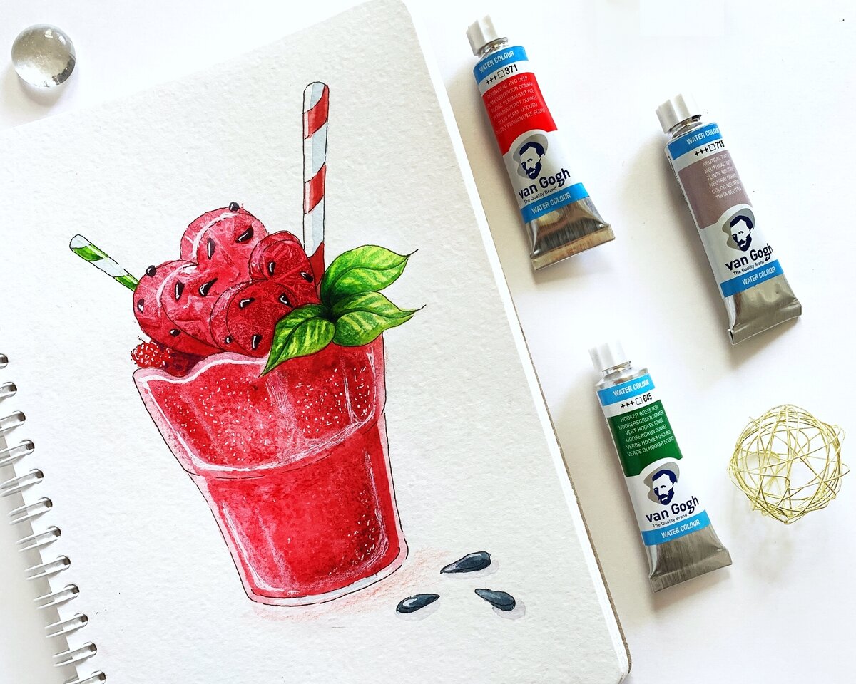 Первое задание марафона - арбузный смузи акварелью van Gogh