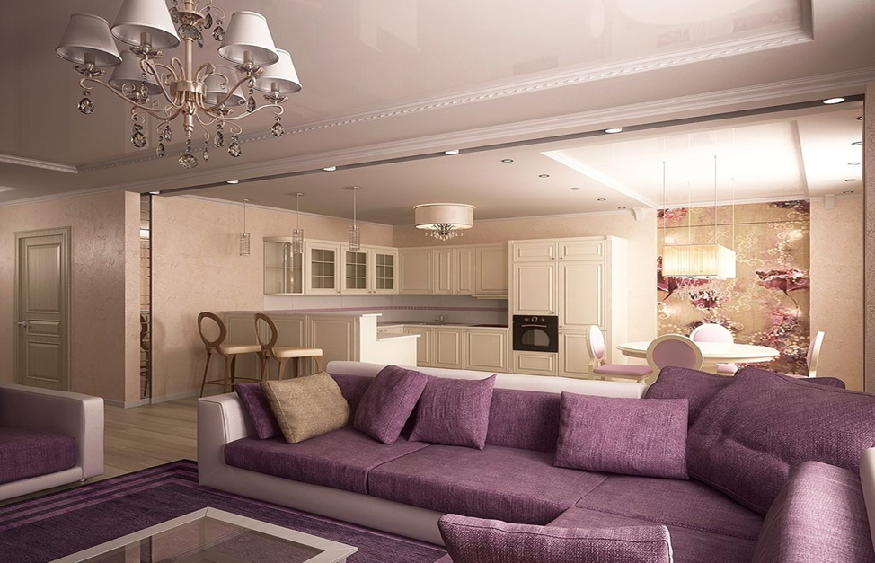 Фиолетовый дизайн гостиной