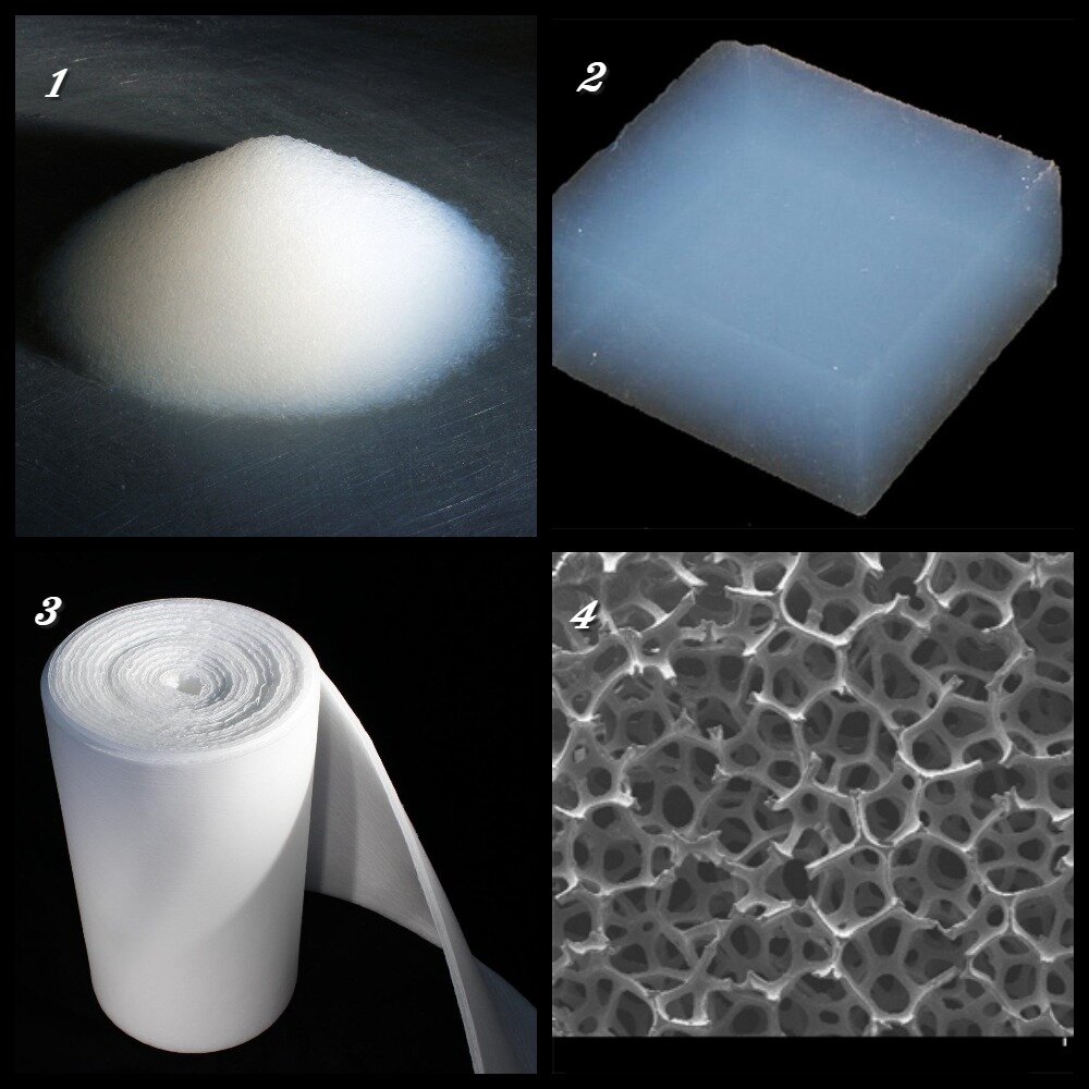 Аэрогель в видах: 1. порошок 2. пластина 3.изоляционный материал 4. структура