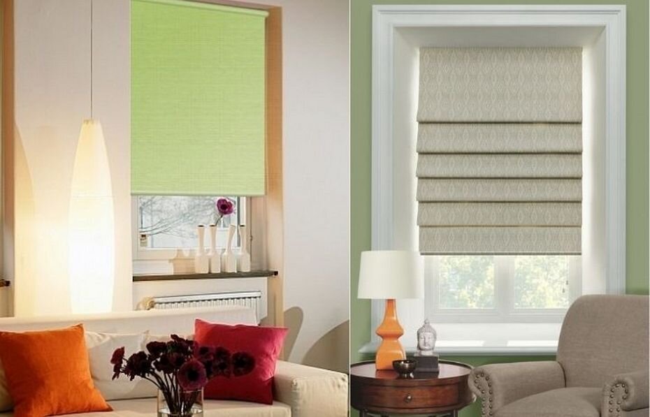 Ролл-шторы слева, римская штора - справа