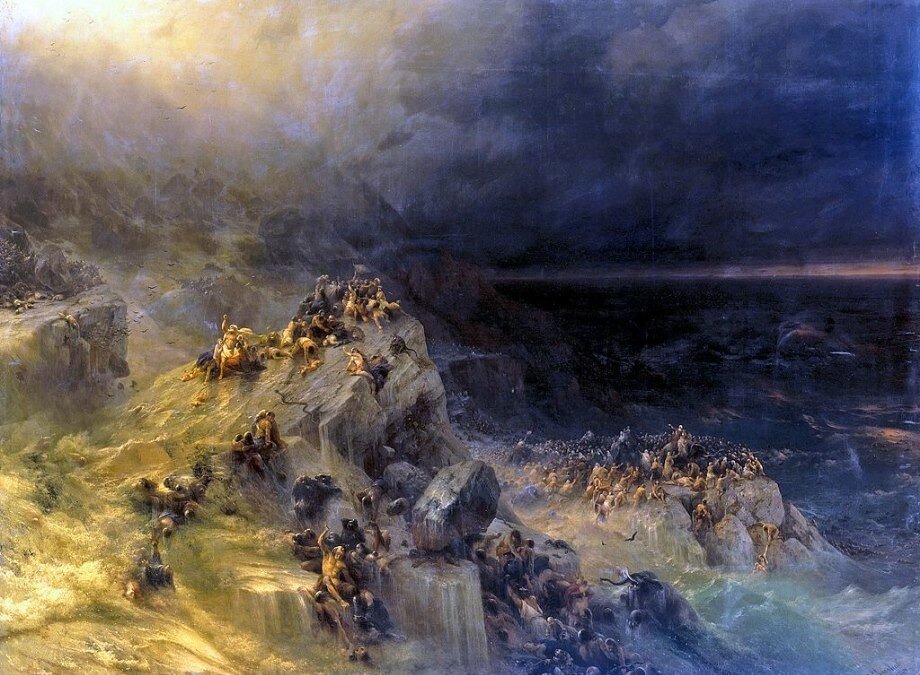 ..в действительности, конечно, никаких скал там не было (долгая плоская равнина): зима — вероятнее всего февраль — ночная темень и холод (~+5-8 С), ураганный юго-восточный ветер с далекого залива, проливной дождь, всеозаряющие слепительные вспышки молний и оглушительный гром в широких низких, давящих небесах над всею землею. Прибывающая мутная вода, затапливающая проулок, двор, заливающая пол жилища, — страшно блеют козы и овцы, собаки, поджав хвосты, с дикими глазами мостятся все выше и выше, холодные бурые потоки все подступающее выше, загоняя на крыши, где хлещет ливень, и в бушующую тьму сдувает ветер