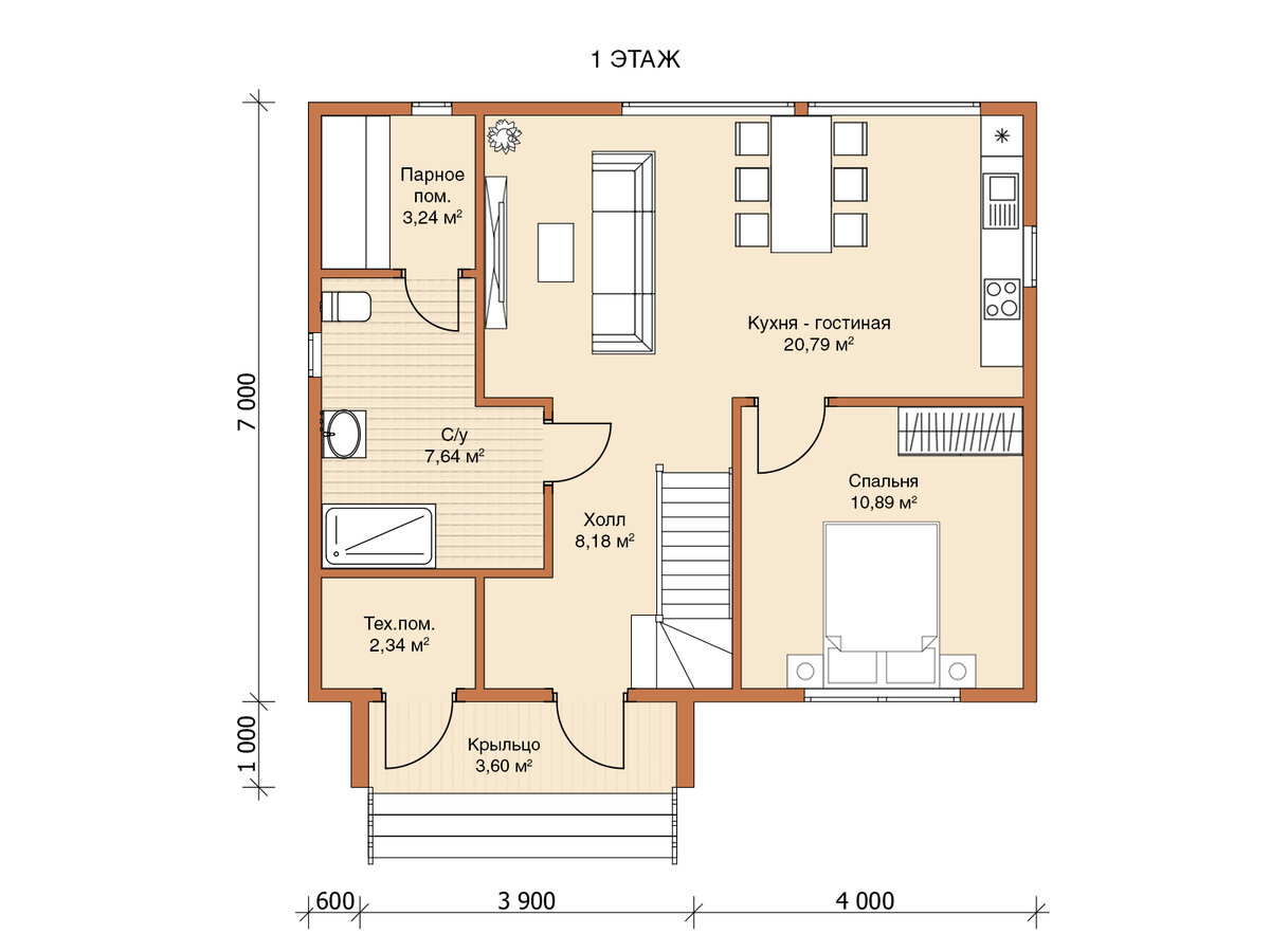 Планировка 1 этажа двухэтажного каркасного дома 7х8,5 «Барни» - 119 м2 с 3 спальнями 