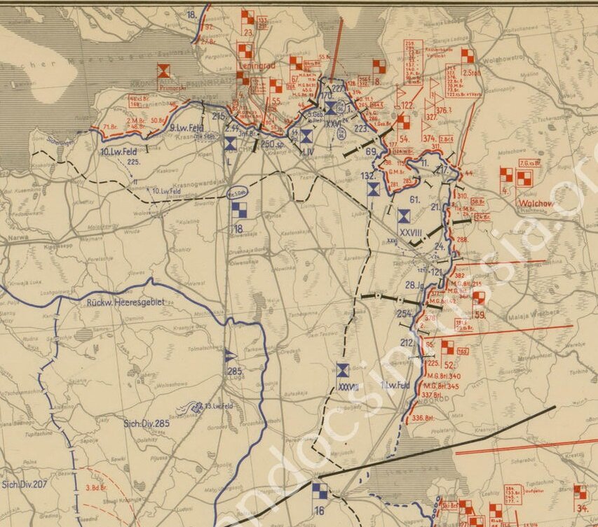 Вырезка из схемы положения соединений 18-й армии на декабрь 1942 года (Документы оперативного отделения группы армий «Север»: иллюстрированный альбом «Кампания против Советского Союза. Год войны 1942» - ЦАМО, фонд 500, опись 12459, дело 65).