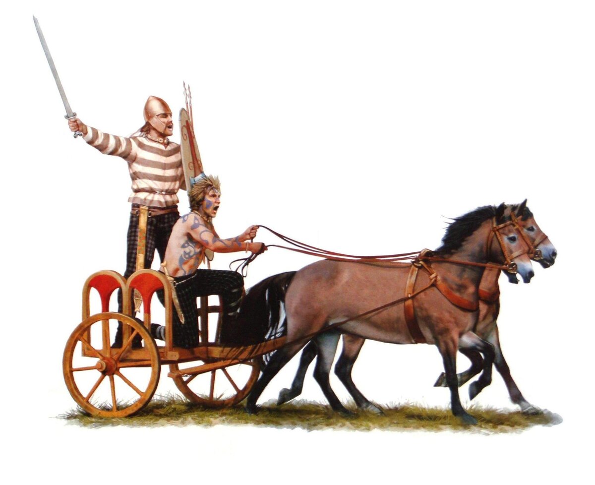 Колесницы бриттов скорее были аналогом «мобильной пехоты» и практически не использовались для таранных ударов. Рисунок: «Иллюстрированная энциклопедия униформы римского мира».