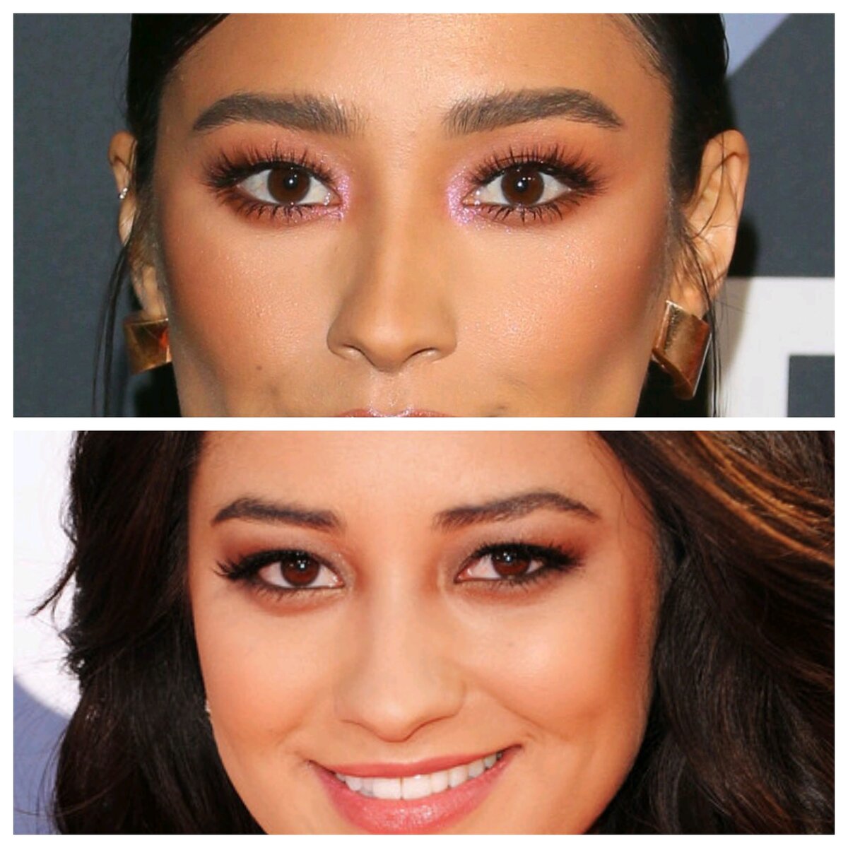 Великолепный пример Шей Митчелл. Брови сделали шире (брови дорисованны сверху и волоски поставлены гелем, чтобы дополнить закрашенную область), брови ближе друг к другу - это сделало нос уже. Добавляем контуринг, и эффект лучше, чем от пластической хирургии