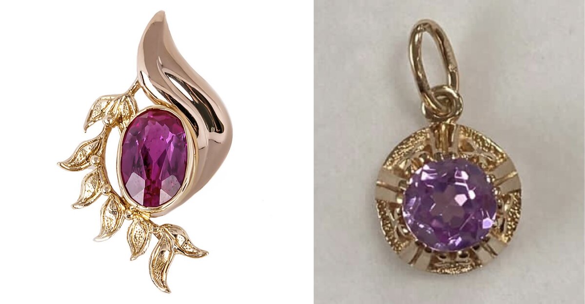 Такие подвески часто входили в гарнитур, вместе с кольцом и серьгами. Вставками были синтетические корунды с разными примесями, что давало малиновые и пурпурные оттенки.