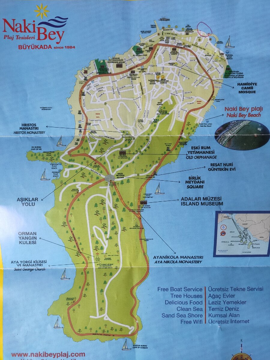 Карта острова Бююкада с отмеченным бесплатным пляжем на северо-востоке