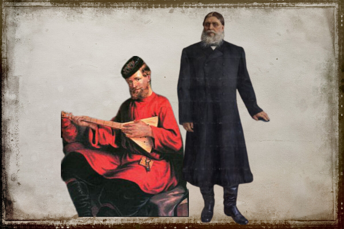 Портрета Петра Бугрова - основателя рода Бугровых не сохранилось, справа Николай Бугров, его внук. Слева - фрагмент какртины Г.Ф.Паули "Великороссы"