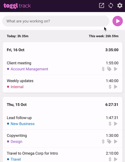 Работа с Toggl. Взято с сайта www.toggl.com.