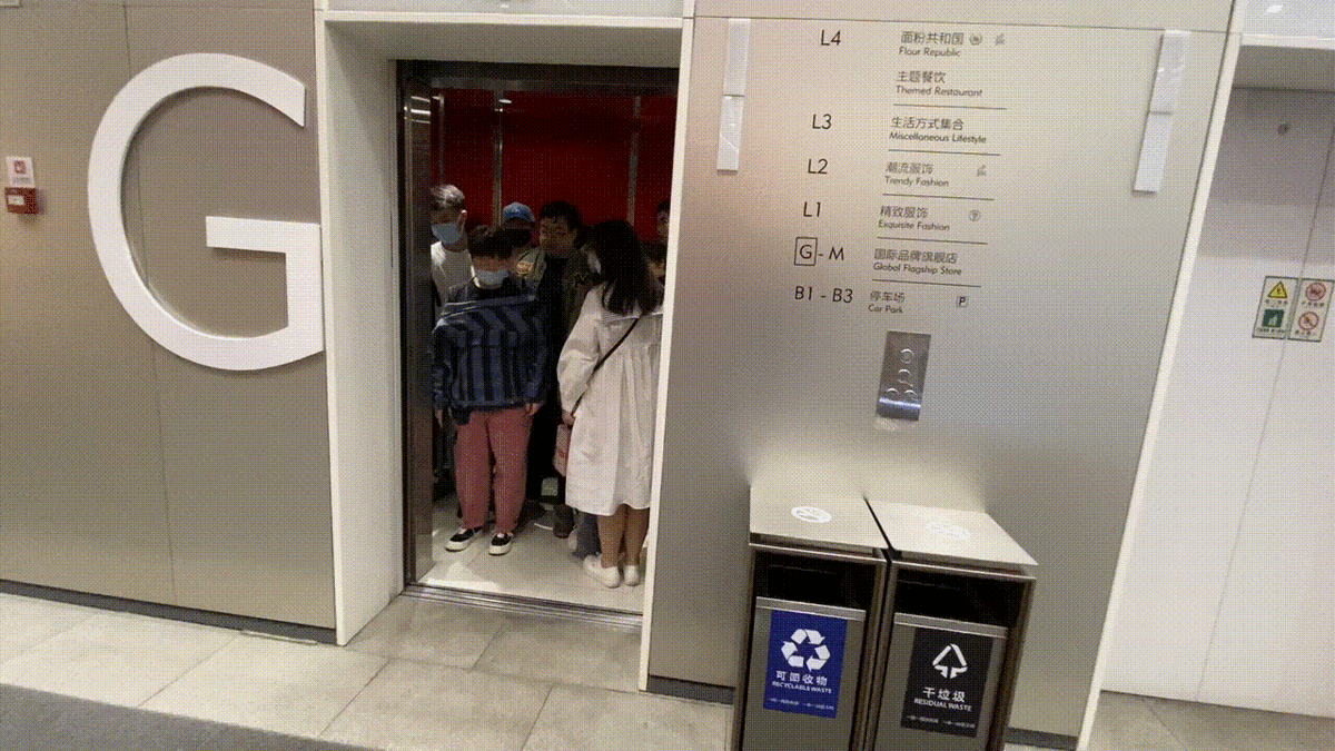 Люди в лифте в ТЦ. 